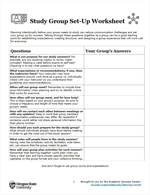 Study Group Set-Up Worksheet