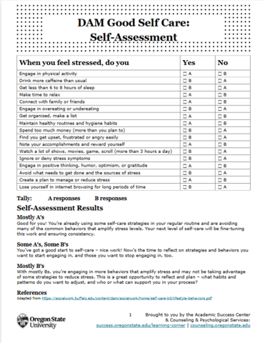 DAM Good Self Care: Self-Assessment
