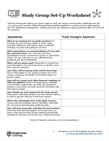 Study Group Set-Up Worksheet